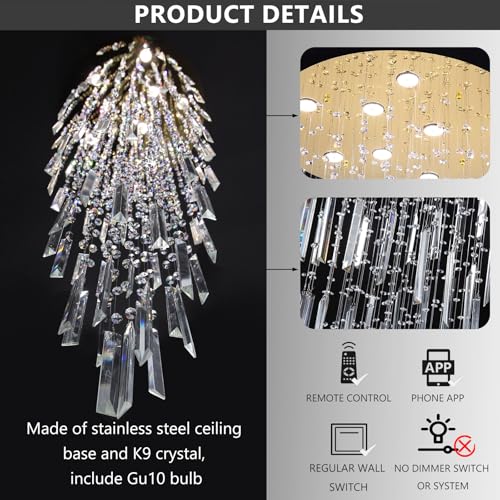 78'' Modern Crystal Chandelier High Ceiling Chandeliers for Entryway Large Raindrop Chandeliers LED Dimmable Flush Mount Light Fixtures for Staircaes Foyer Hallway Living Room LED Bulbs Included Gold (D24'' x H78'' Gold)
