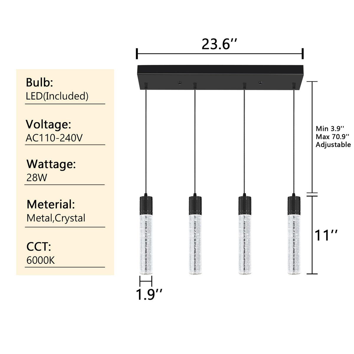 4 Lights Mini Modern Crystal Chandeliers for Kitchen Island Pendants Lighting Fixture LED Ceiling Light for Dining Room Bedroom Foyer 6000K (Black / 4-lights)