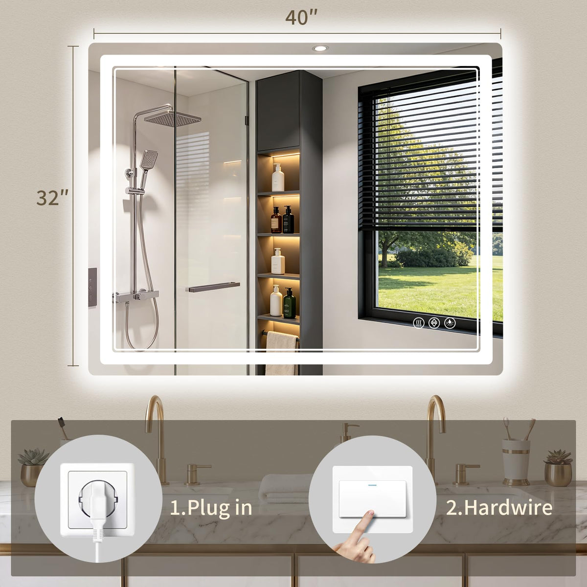 32"x40" LED Bathroom Mirror with Lights (40"L x 32"W)