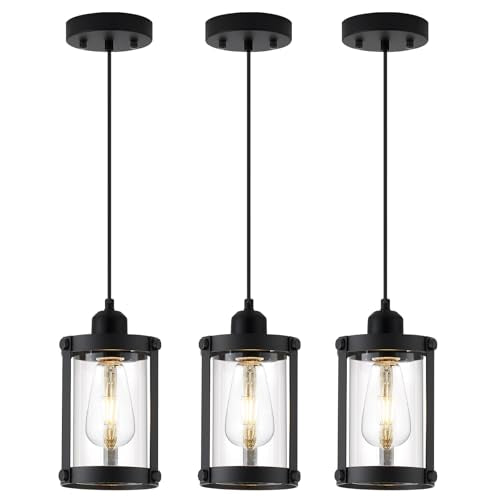 Matte Black Pendant Lights Kitchen Islands (Black + Clear Glass / 1-Light Pendant, 3 Pack)