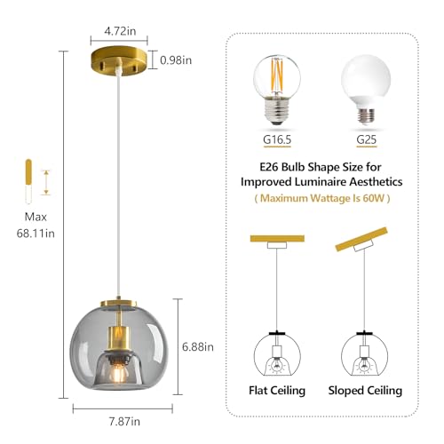 Light Grey Glass Pendant Lights Kitchen Island (Light Grey(7.87 in) / 3-Pack)