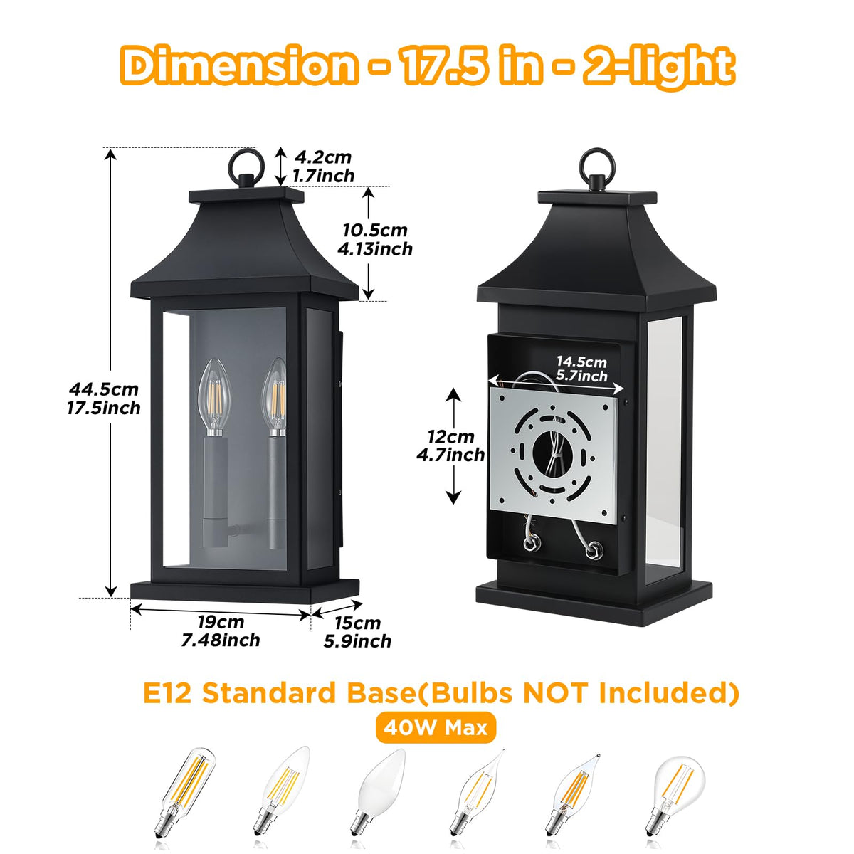 1 Pack Outdoor Wall Lights (Black - No Sensor / 17.5 inch - 1 pack)