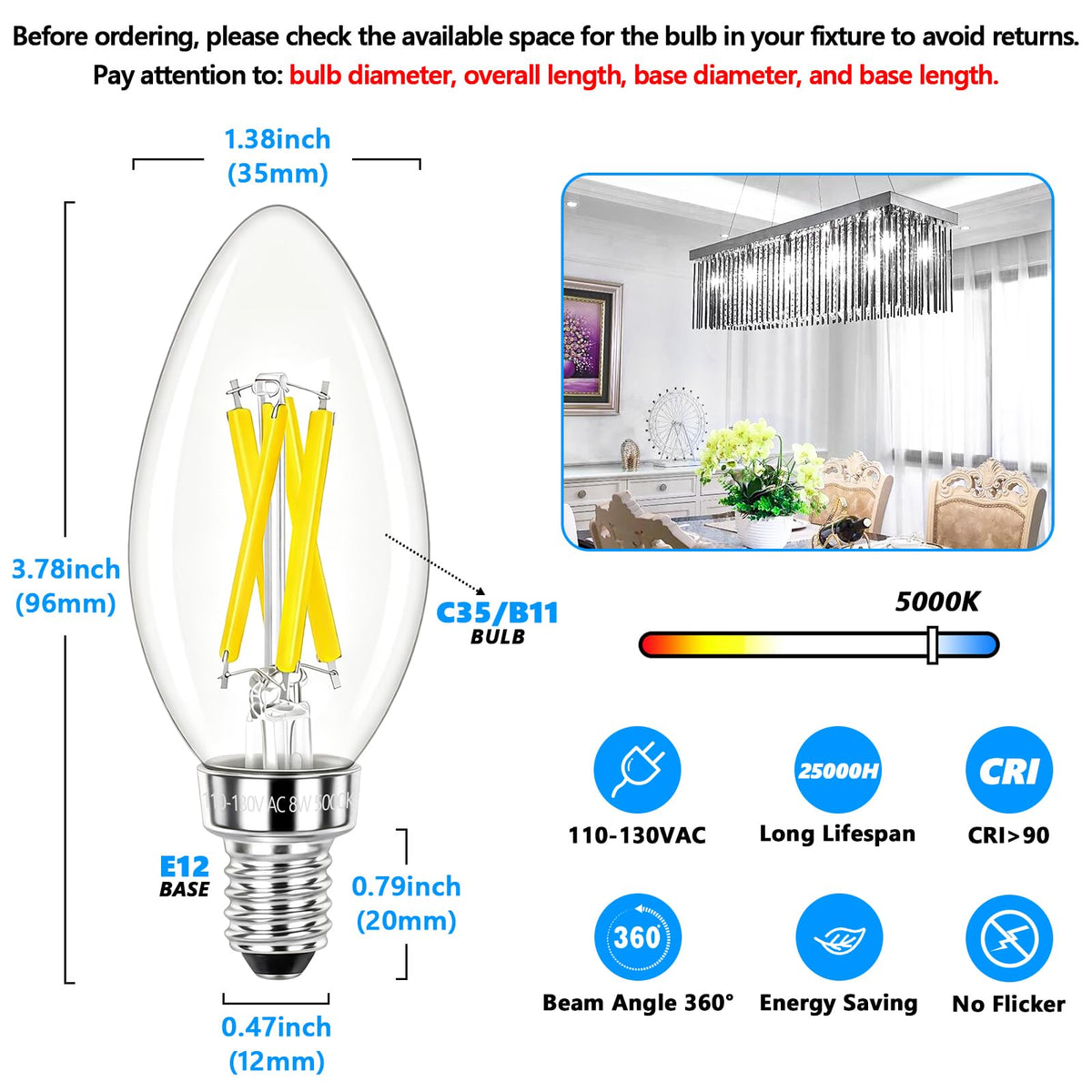 LED Candle Bulbs 100W Equivalent Dimmable (5000k Daylight White / ‎100W Equivalent)