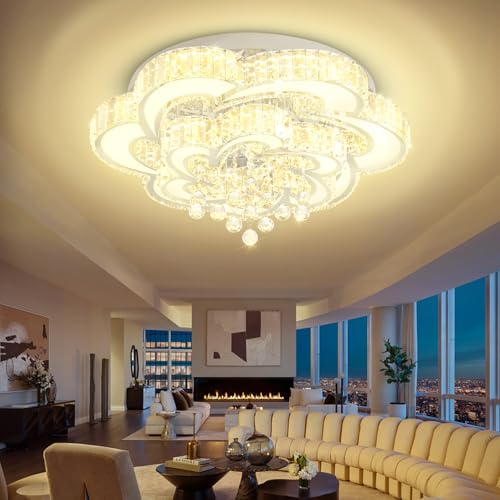 Dia 24'' Crystal Chandeliers Modern Chandelier for Living Room LED Dimmable Pendant Light Fixture with Remote Flush Mount Ceiling Lights for Bedroom Entryway Hallway Silver (Silver / Dia 24")