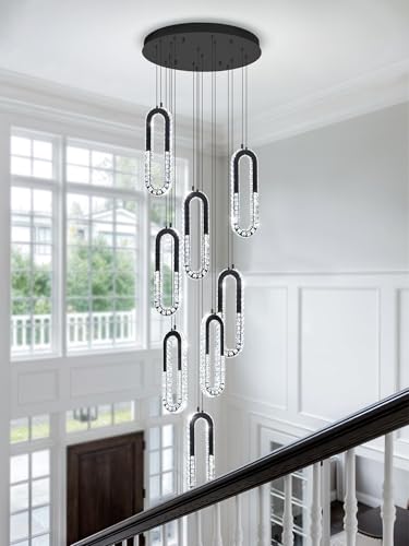 Modern Led Black Chandelier Adjustable 8 Rings Crystal Chandelier for Foyer Stairwell Crystal High Ceiling Pendant Light Dimmable 2700K (Black / 8 Rings (New))