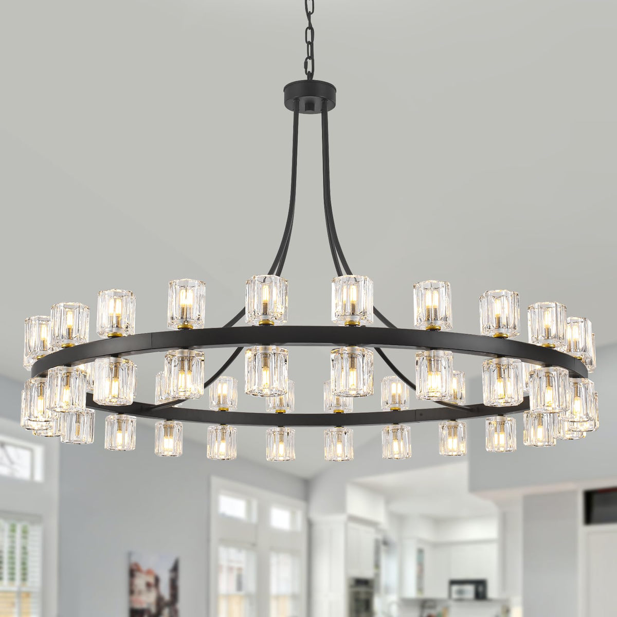 48'' Crystal Wagon Wheel Chandelier with Glass Shade for Living Room (48-Lights)