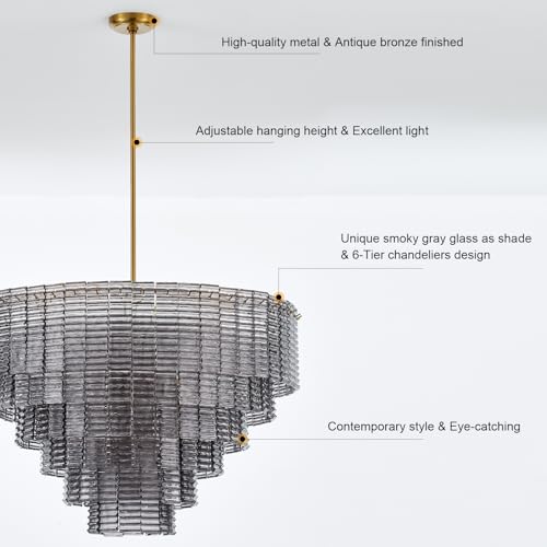 Dia 32.5 Inches Large Modern Smoke Gray Glass Chandelier Brass Finish (Smoke Gray Glass)
