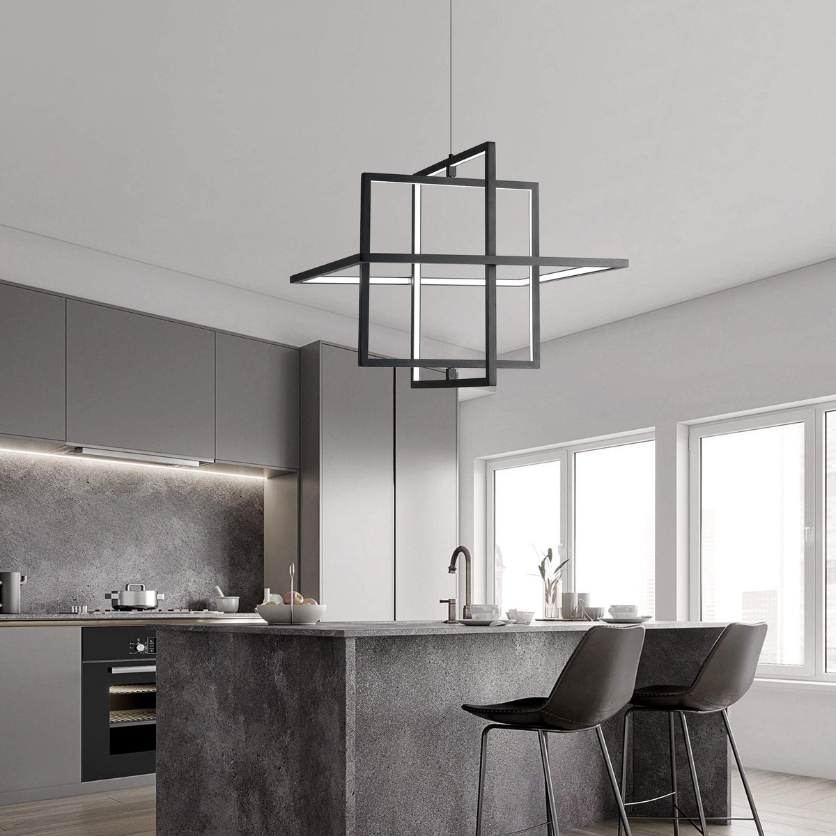 Modern Black LED Square Hanging Pendant Chandelier (Black / 3 Rings)