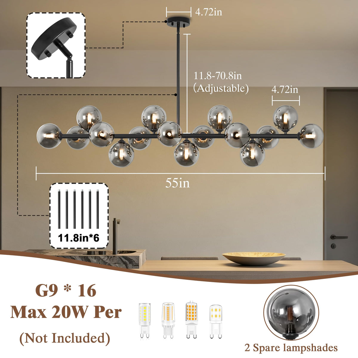 Black Linear Chandelier Mid Century Modern Sputnik Dining Room Chandelier (Black and White / 16 Light)