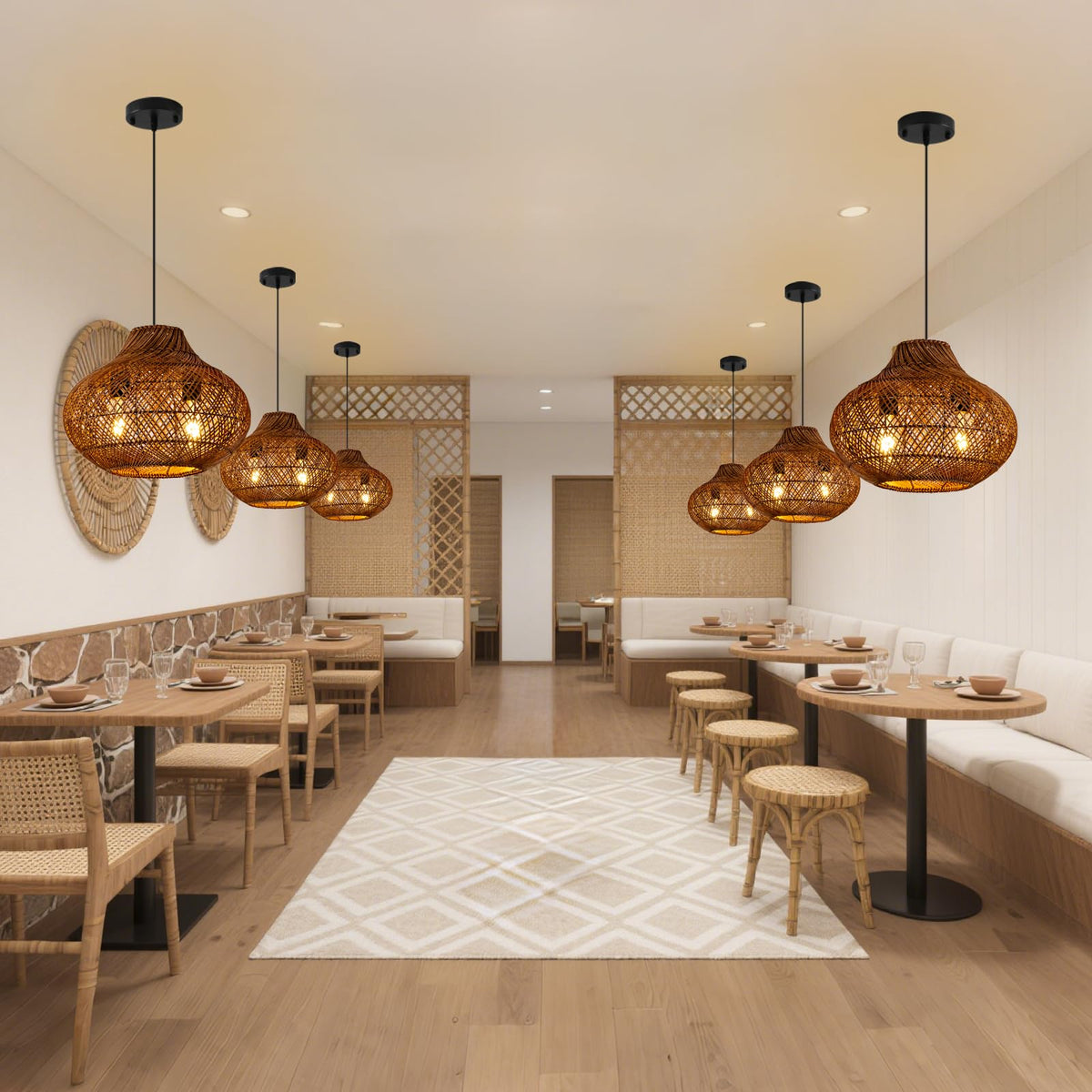 15" Rattan Pendant Light (Metal+Brown / 14.96" 2-Light)