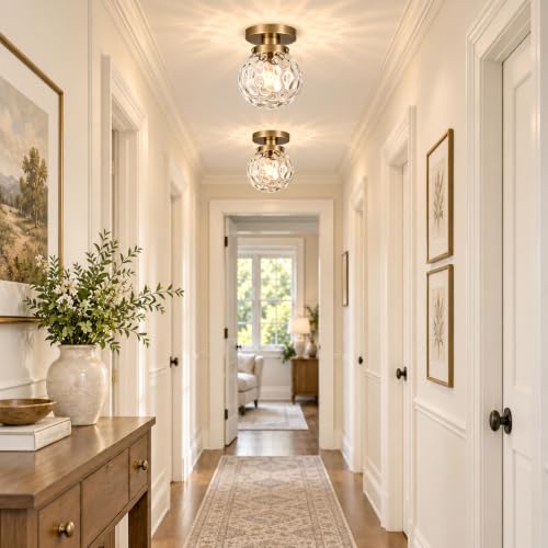 Small Semi Flush Mount Ceiling Light Fixtures (Gold & Clear Harmmered Glass / 6in-1 light)