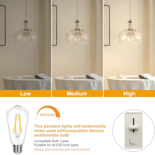 Modern Pendant Lights Kitchen Island (3-Light-Brushed Nickel-Clear Hammered Glass-14.2"(Easy To Install))