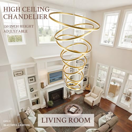 9 Rings D39.4in Modern LED Chandelier Gold Dimmable Foyer Chandeliers Entryway High Ceiling Chandelier with Remote Control for Staircase Entryway Living Room Foyer (Gold / 9 Rings 39.4in)