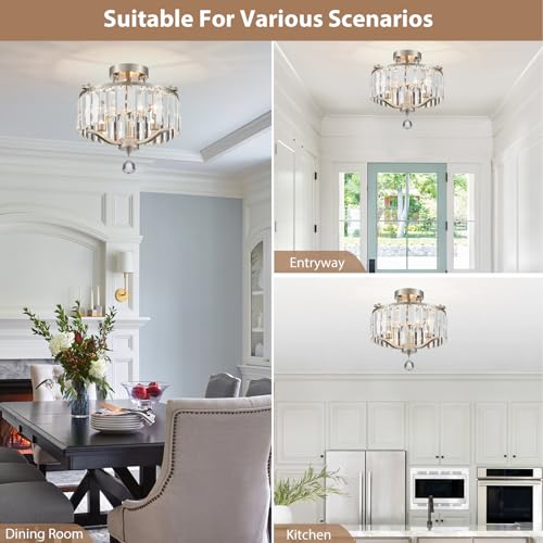 Brushed Nickel Crystal Semi Flush Mount Ceiling Light Fixture Modern Farmhouse Small Chandelier 3 (055-Brushed Nickel)