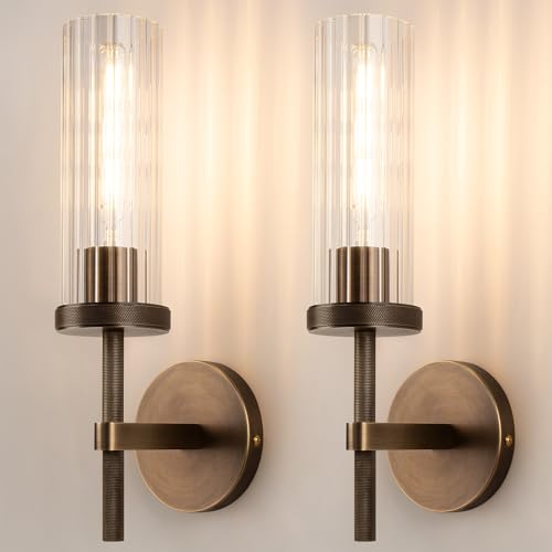 15" Knurled‑Craft Hardwired Brass Wall Sconce (Bronze-Vertical Striped / 15″-2 Pack)