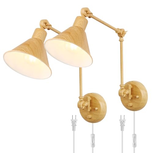 Wall Sconces Plug in (Oak color / 2 Pack- (Switch))