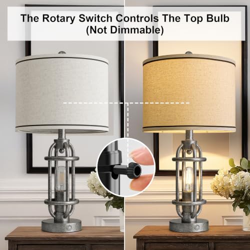 23.75'' Table Lamps Set of 2 for Living Room Bedroom Industrial Farmhouse Metal Touch Lamps with USB A+C Ports (23.75'' Antique Silver - Set of 2)