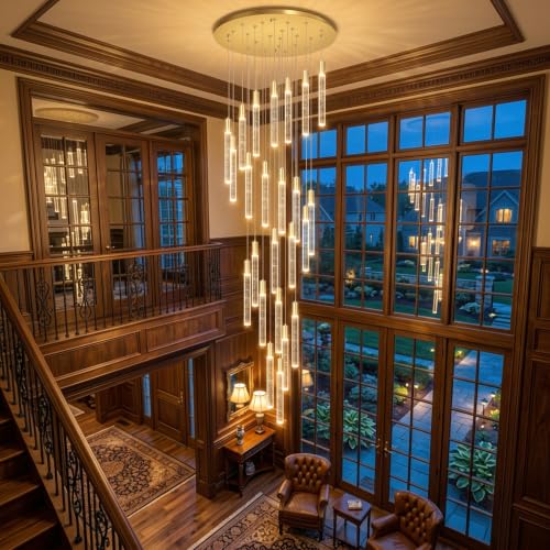 13FT High Ceiling Chandelier for Entryway Modern Crystal LED Light Glam Chandeliers for Living Room Foyer Sloping Ceiling Pendant Lighting Fixture 24 (24 lights / Gold)