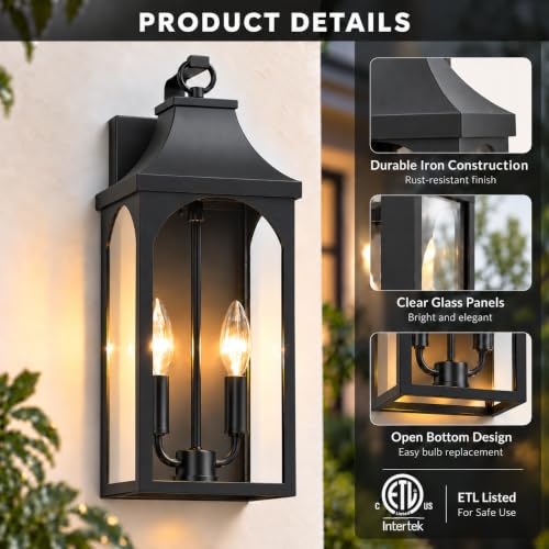 17-Inch 2-Light Outdoor Porch Wall Lantern, Black Exterior Light (17 inch)