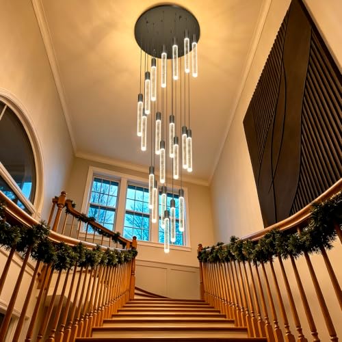 13 Foot High Ceiling Chandelier for Entryway Modern Crystal Lights for Living Room Foyer Flush Mount Sloping Ceiling Pendant Light Fixture Remote Dimmable 20 (20 lights / Black)