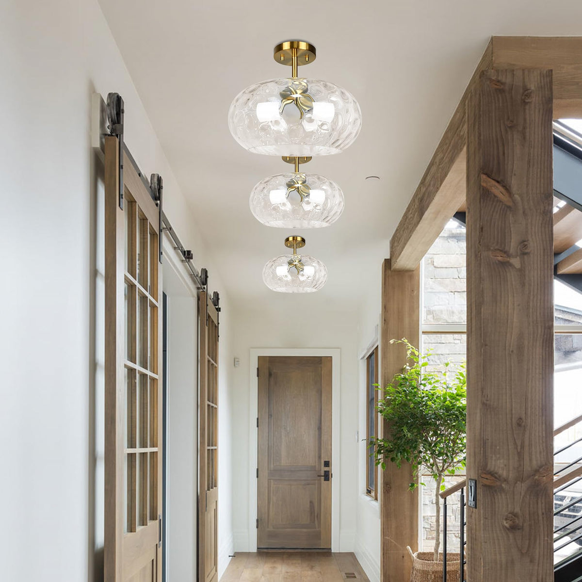Brass Gold Semi Flush Mount Ceiling Fixture Large Hammered Glass Shade Modern Close to Ceiling Light 14" Art Lampshade for Hallway Foyer Bedroom (14 Inches / Clear Glass Shade)