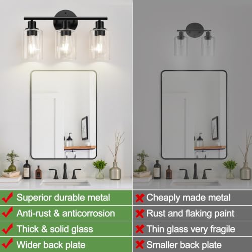 Black Bathroom Light Fixtures with Clear Glass Shades (Matte Black, 17-Inch / 3-light)