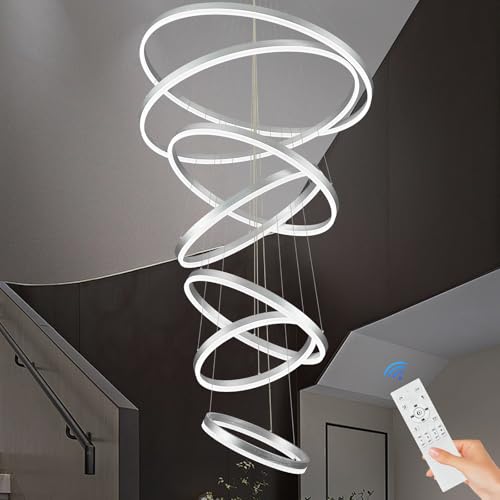7 Rings D31.5in Modern LED Chandelier Silver Dimmable High Ceiling Chandeliers Foyer with Remote Control for Staircase Entryway Dining Room Living Room (Silver / 7 Rings 31.5in)