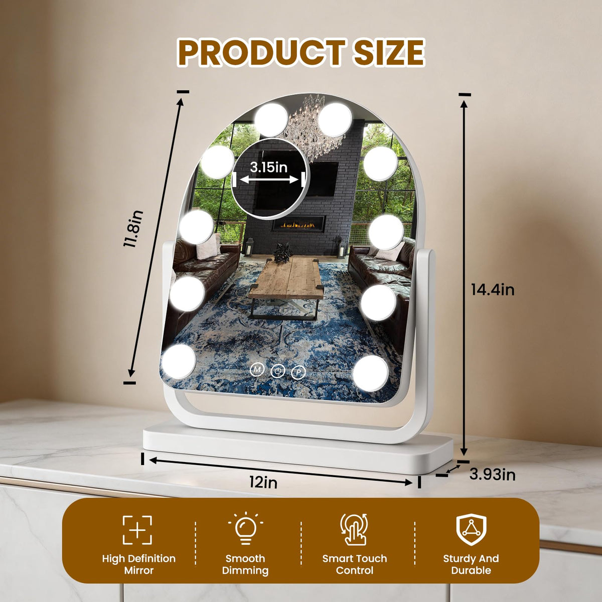 Rechargeable Arched Vanity Mirror with Lights (White / 14"L x 12"W)