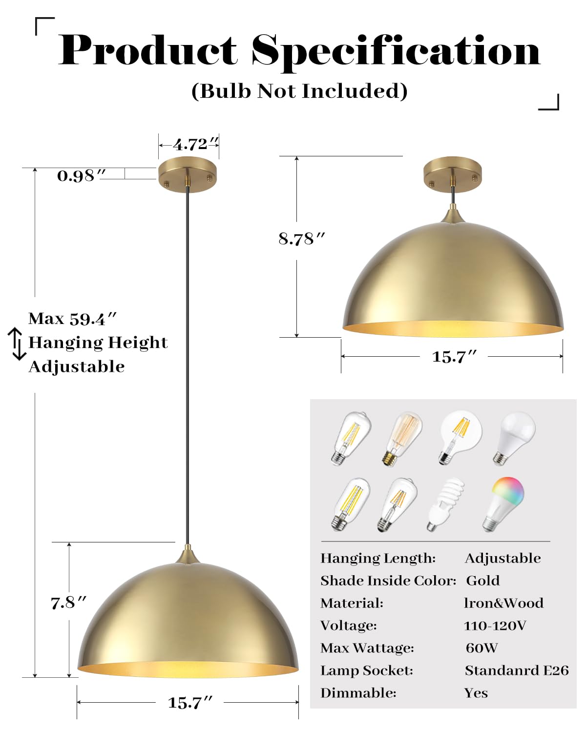 Gold Dome Pendant Light (Gold+Gold / 16"x1)