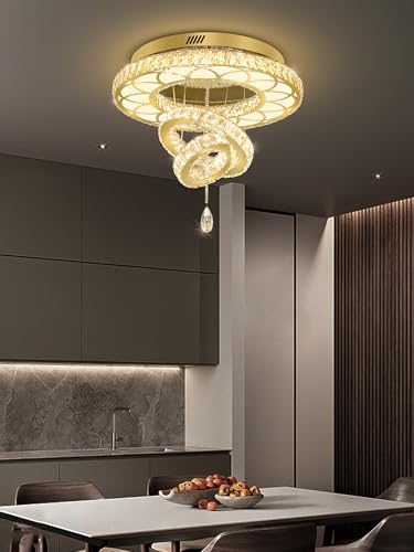 Dia 24" Modern Crystal Chandelier for Living Room Gold Ceiling Chandelier Flush Mount Crystal Ceiling Light for Dining Room Bedroom Hallway (Gold / W:24inches)