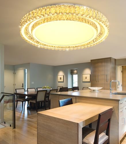 31.4" Dimmable Crystal Chandelier Modern LED Flush Mount Ceiling Light Fixtures for Living Room Bedroom Hallway Kitchen Island Staircase Silver (31.4" Silver)