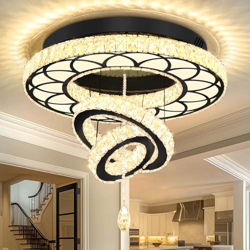 Dia 24" Modern Crystal Chandelier for Dining Room Black Ceiling Chandelier Flush Mount Ceiling Light for Living Room Bedroom Hallway (Black / W:24inches)