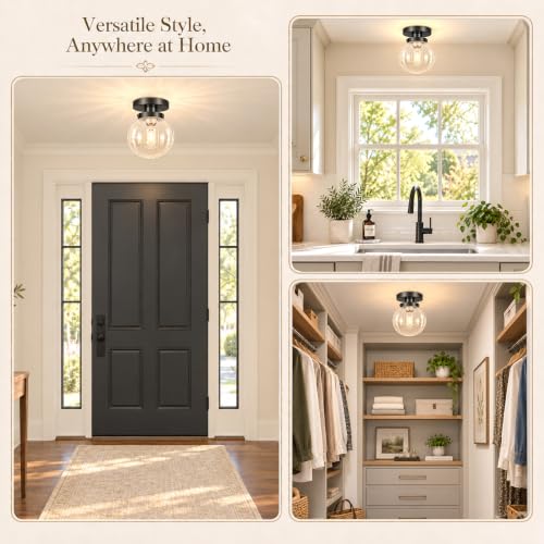 Small Semi Flush Mount Ceiling Light Fixtures (Black & Clear Bubble Glass / 6in-1 light)