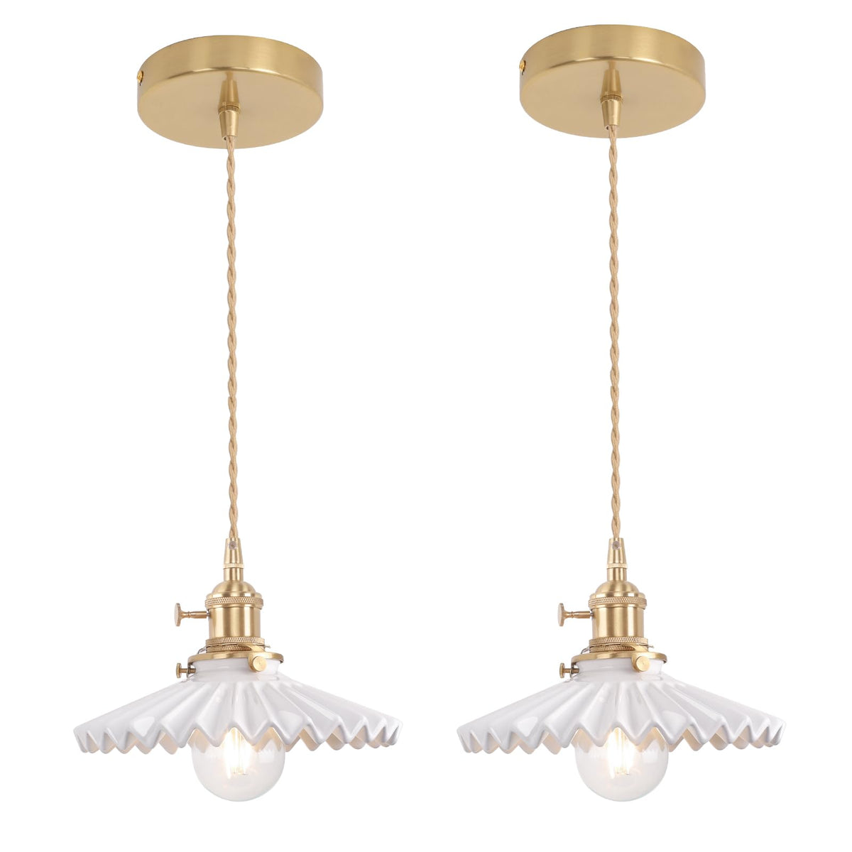 Pendant Light 2 Pack with White Pleated Ceramic Lmapshade (Pleated White)