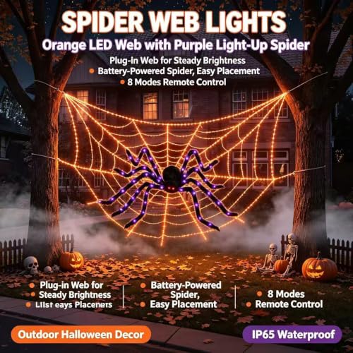 Halloween Spider Web Lights Outdoor 200in LED Giant Yard Decor with Timer