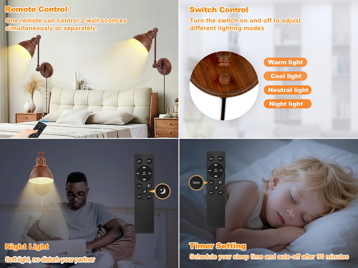 1 Pack Plug in Wall Sconce with Remote Control (Walnut-1 PACK(Bulb+Remote))