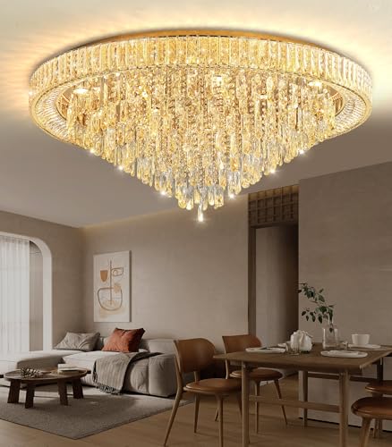 Modern Crystal Chandeliers LED Dimmable Flush Mount Ceiling Chandeliers for Living Room High Ceiling Entrance Foyer Lobby Bedroom Gold (Gold / 47.2" Width)