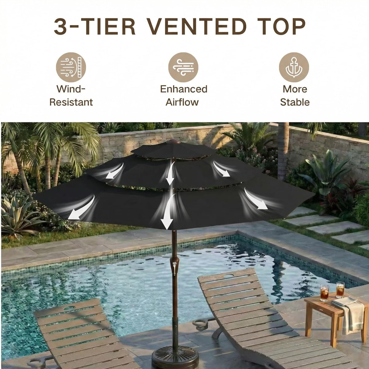 9ft 3 Tier Patio Umbrella (Black / 9 FT)