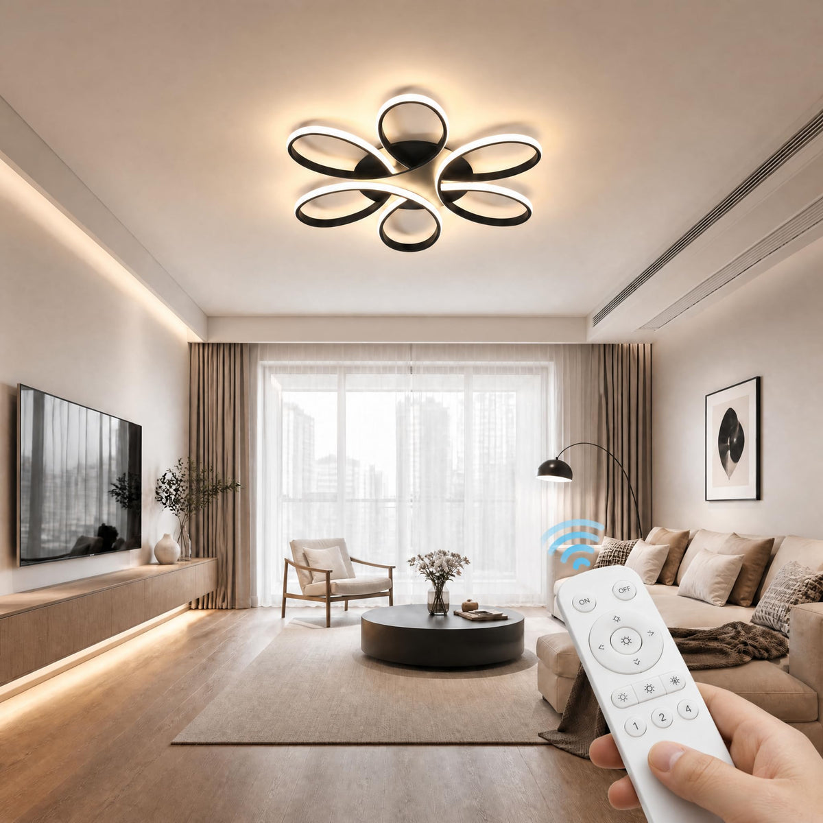 Modern LED Ceiling Light Fixture Black Flush Mount Ceiling Lamp with Remote Control Dimmable Rings Flower Shaped Ideal for Living Room Suite Bedroom Leisure Study Room Kitchen (750mm/29.5inch)