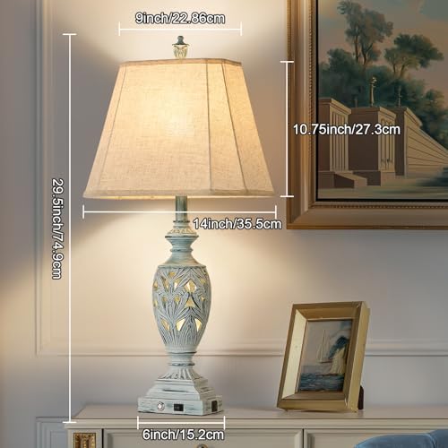 29.5" Touch Control Traditional Table Lamp Set of 2 with USB A+C (White Wash with Green Brush-1 / 29.5")