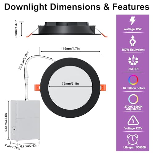 Black 24 Pack Smart Recessed Lighting 4 Inch RGBCW Color Changing 12W LED Downlight with Junction Box (4in 24pack / 24pack Black shell-RGB&5CCT)