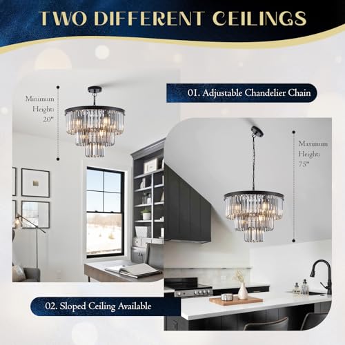 Smoke Gray Crystal Chandeliers 7 Lights 20" Black Round Chandelier (Black+Smoke Gray / Small-20”)