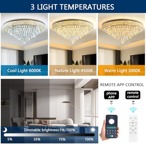 Modern Crystal Large Chandeliers LED Dimmable Flush Mount Ceiling Chandeliers for Living Room High Ceiling Entrance Foyer Bedroom (Gold / 39.3" Width)