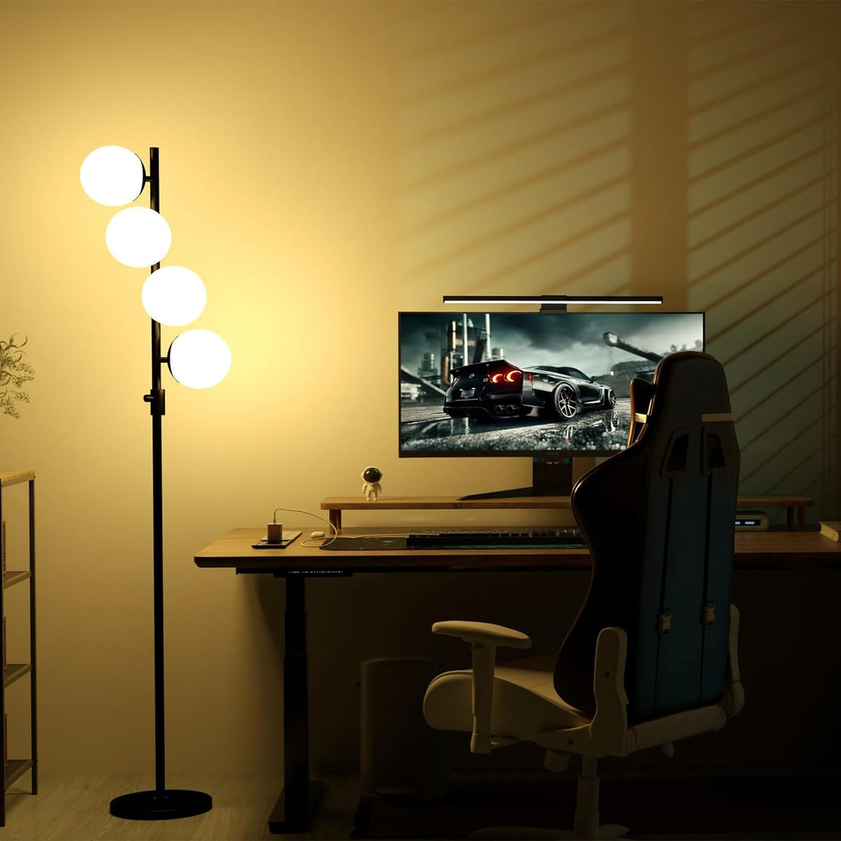 Black Globe Floor Lamp Dimmable 64IN Tall Standing Lamps with Soft Warm White Eye Care 3000K G9 Bulbs (Black-4)