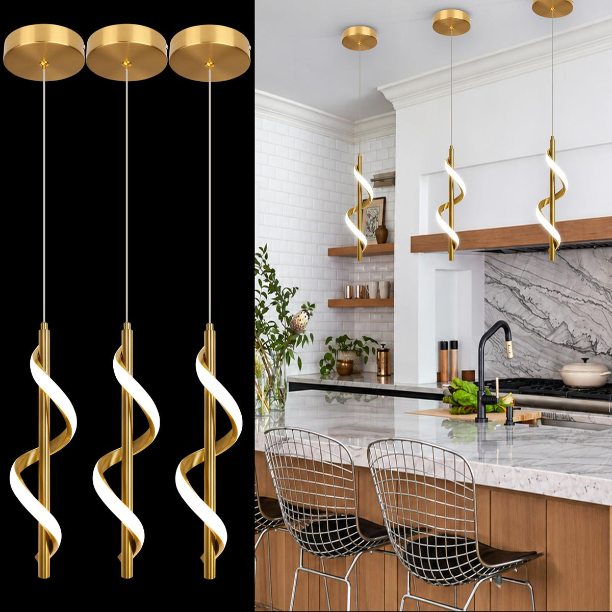 3 Packs Modern Spiral Led Pendant Light Fixture (Gold)