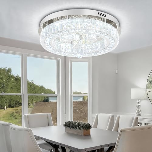 20'' Silver Modern Crystal Chandelier LED Dimmable Flush Mount Crystal Ceiling Light for Living Room Bedroom Dining Room (20in Silver)