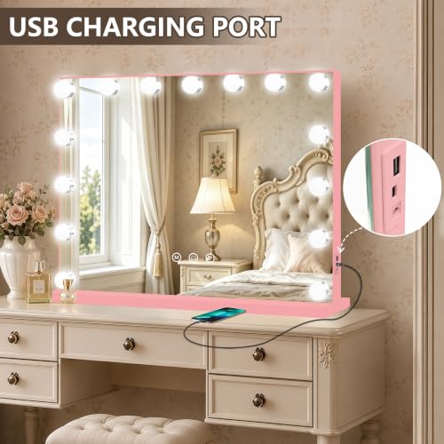 Pink Hollywood Vanity Mirror with Lights (Pink / 23"L x 18"W)