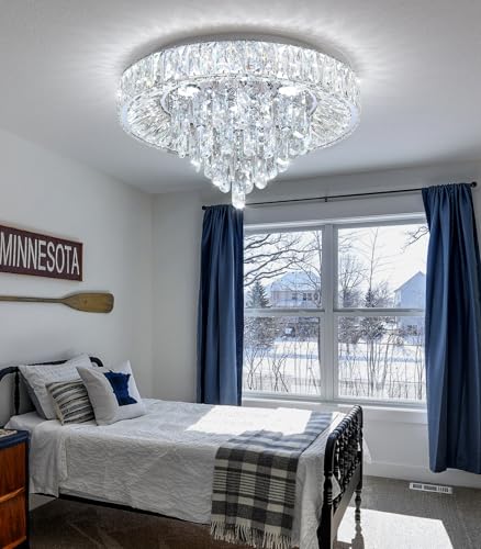 Modern Crystal Chandeliers for Dining Room LED Light Fixture Close to Ceiling Chandelier Flush Mount Ceiling Light Dimmable Lamp with Remote for Living Room Bedroom Hallway 2700K 6000K (Silver / 19.7" Width)