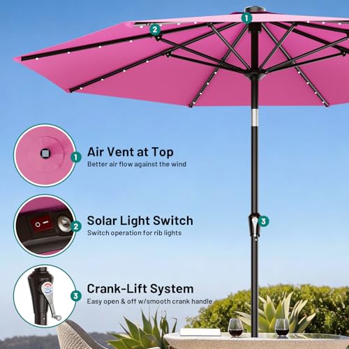 9FT Patio Umbrella with Solar Lights (Rose Pink / 9 FT)
