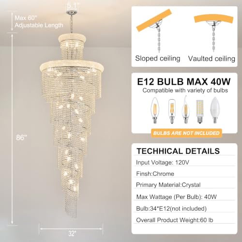 34 Light Extra Large Long Spiral Crystal Chandelier for High Ceiling Foyer Entryway Living Room Staircase Chrome Finish 86'' H X 32'' W X 32'' D (Chrome / 86'' H X 32'' W X 32'' D)
